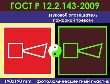 F11 звуковой оповещатель пожарной тревоги (фотолюминесцентный пластик ГОСТ 34428-2018, 200х200 мм) - Знаки безопасности - Фотолюминесцентные знаки - Магазин охраны труда ИЗО Стиль